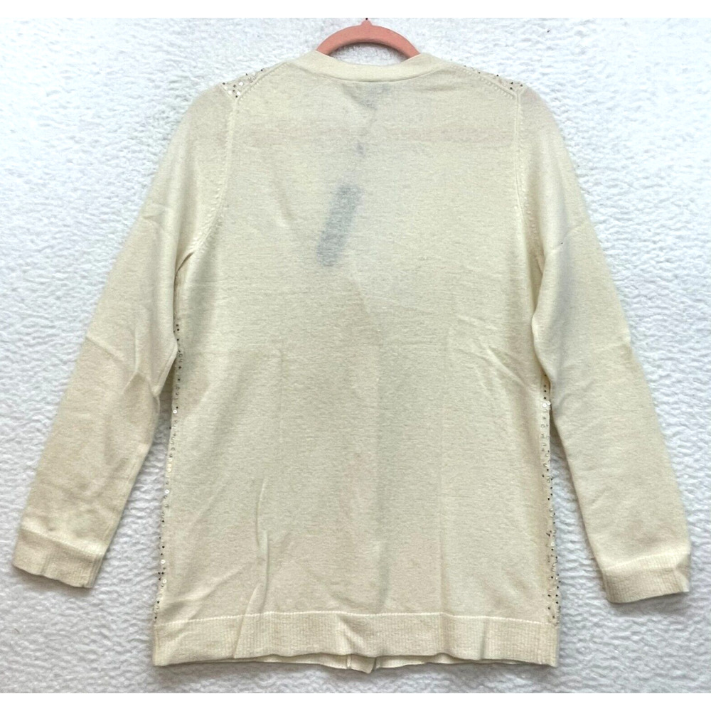 Talbots Cardigan Womens Medium Cream Petite Lambswool Sequin Button Up Rabbit - Picture 2 of 10